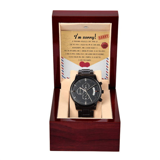 Sorry Gift – Black Chronograph Watch with Heartfelt Apology Card