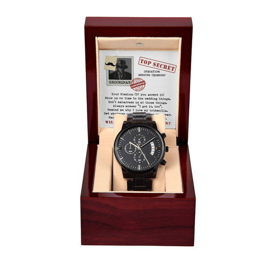 To The Secret Agent Groomsman – Black Chronograph Watch